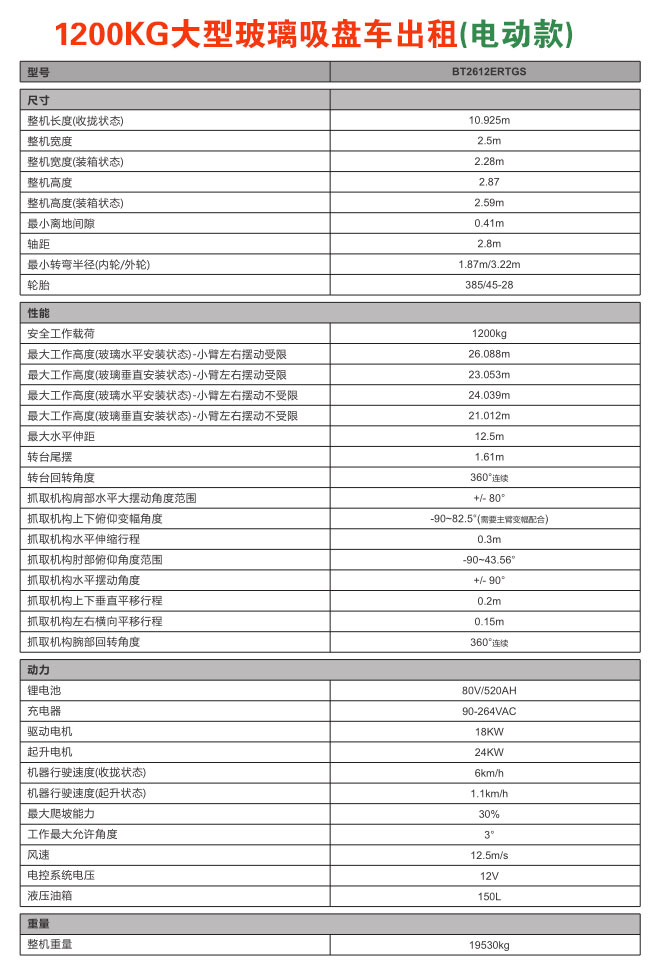 1200KG玻璃吸盘车出租参数